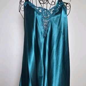 Vintage Dentelle Satin Slip Nightgown 2X Teal Lace